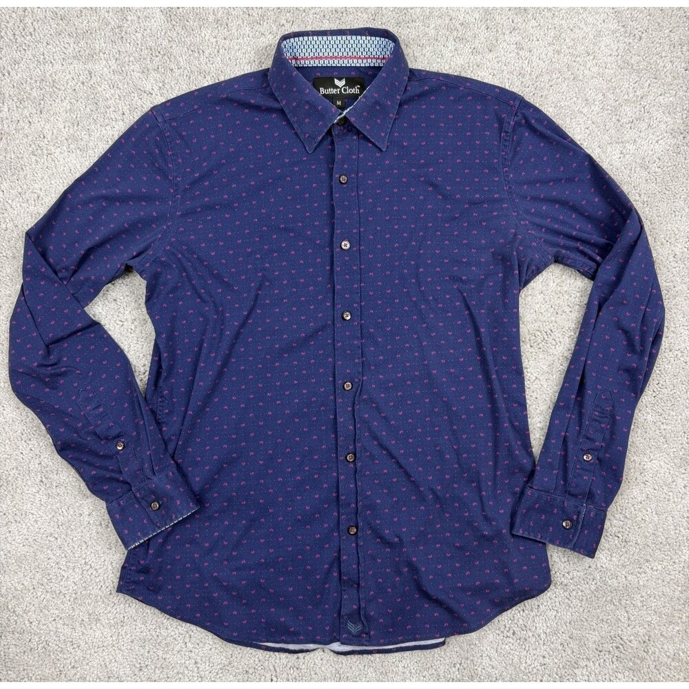 Butter Cloth Mens M Long Sleeve Button Up Shirt Navy Pink Geometric Cotton